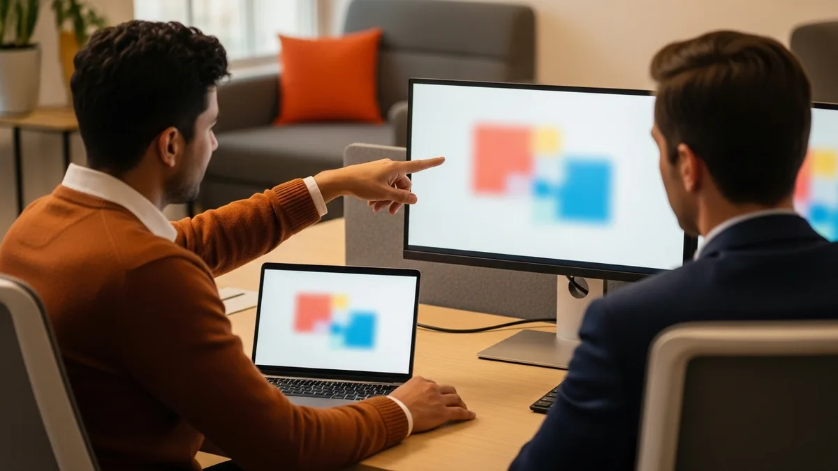 Two colleagues comparing a shadow spreadsheet on a laptop against live NetSuite data on a monitor