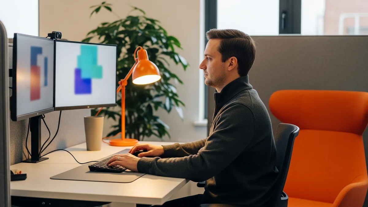 NetSuite consultant building SuiteFlow workflow automation at a dual monitor workstation