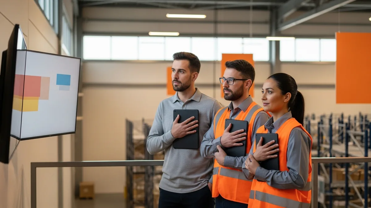 Warehouse operations team reviewing NetSuite inventory and reorder point dashboards on a wall monitor