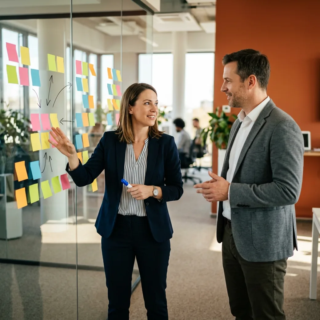 A KORE1 NetSuite recruiter and a hiring manager scoping an ERP role at a glass whiteboard covered in a project timeline