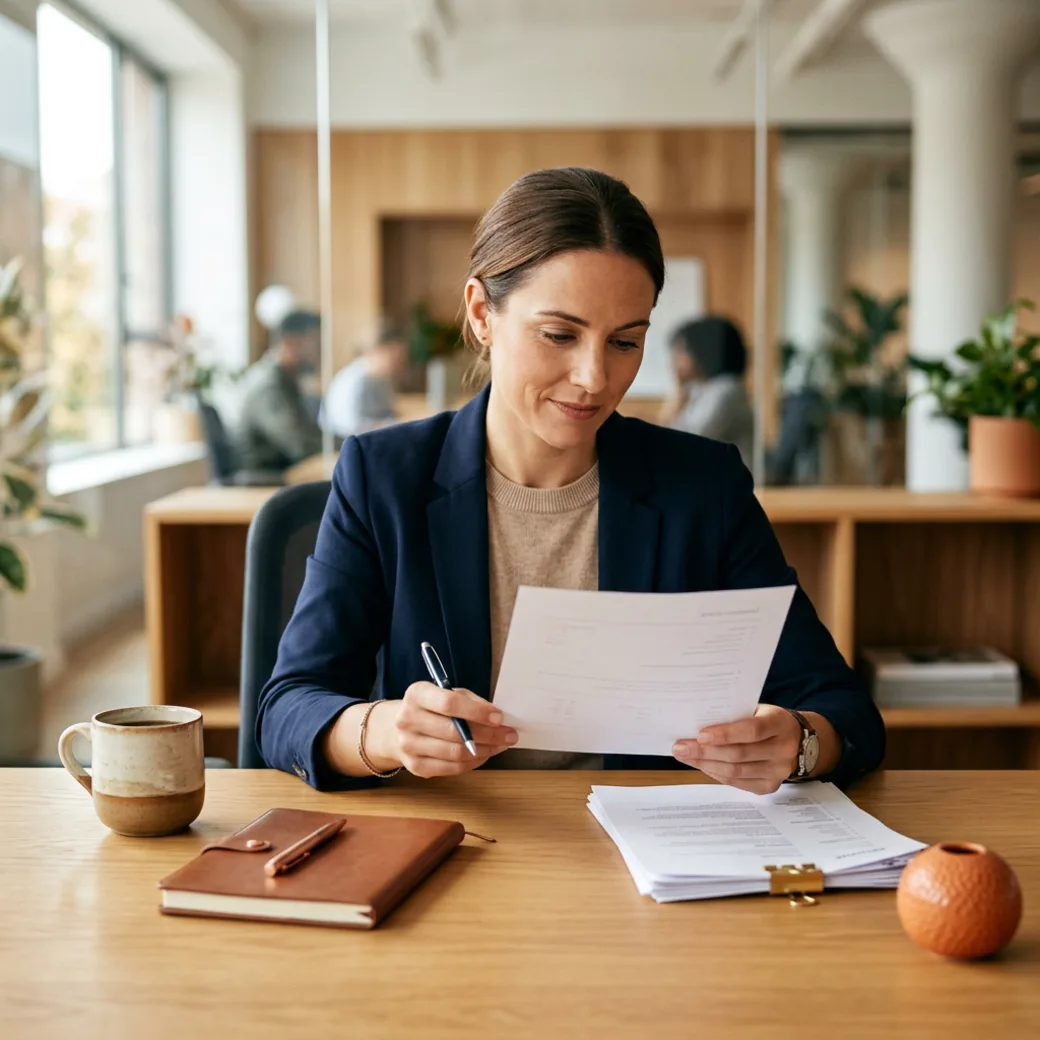 A KORE1 NetSuite recruiter reviewing a candidate's certifications and module history from a printed profile at a desk