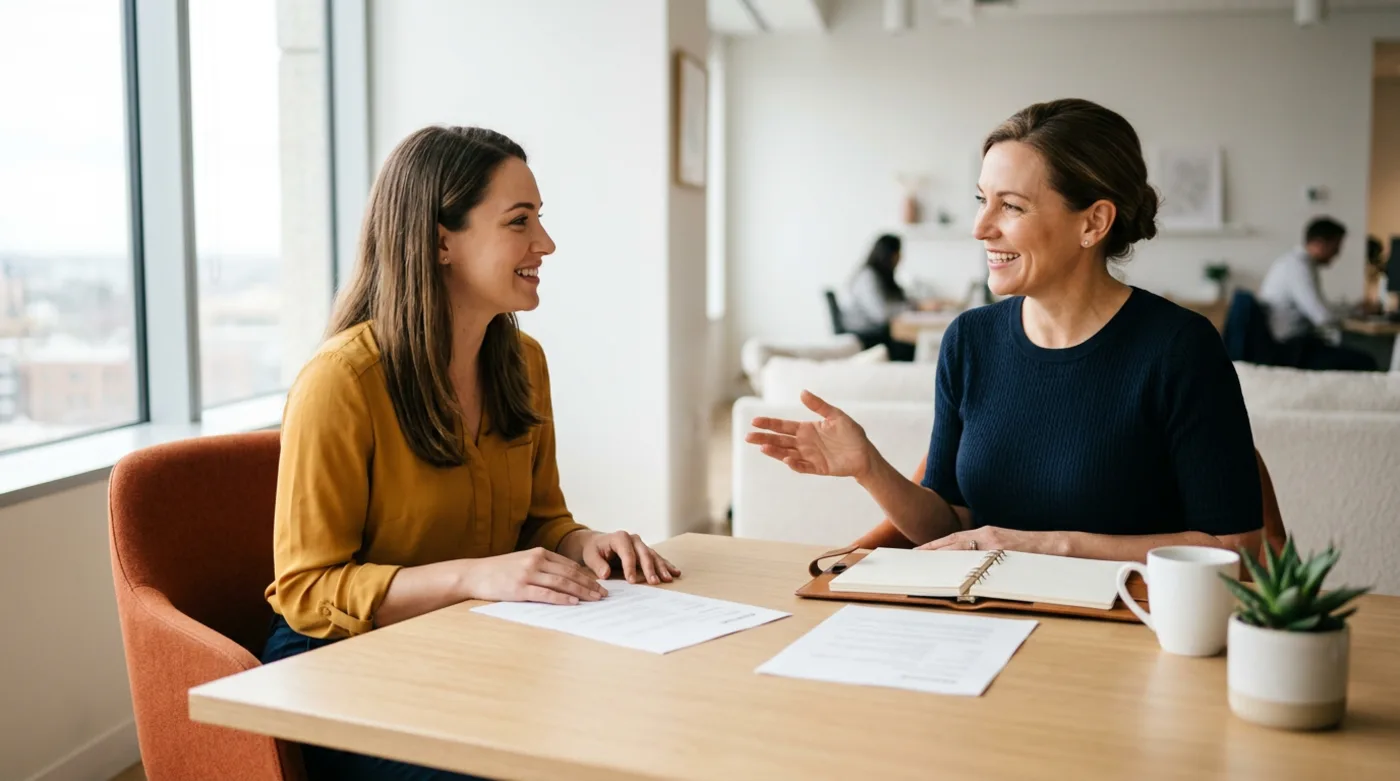 A KORE1 NetSuite recruiter meeting a NetSuite consultant candidate across a table in a bright modern office