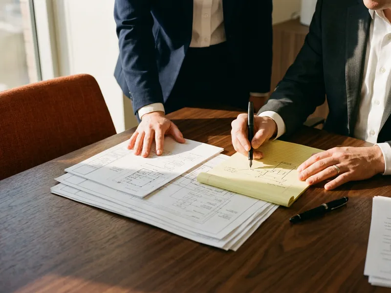 Hands annotating printed NetSuite architecture design documents and a legal pad on a walnut conference table
