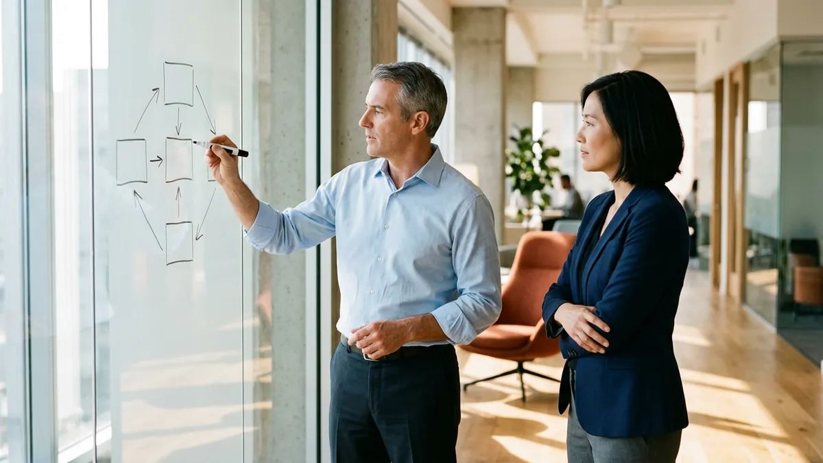 NetSuite solution architect sketching a multi-subsidiary ERP structure on a glass wall while a finance executive reviews the design, KORE1 NetSuite solution architect staffing