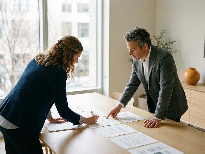 Two colleagues reviewing printed entity hierarchy and chart of accounts documents across a conference table during a NetSuite architecture design session