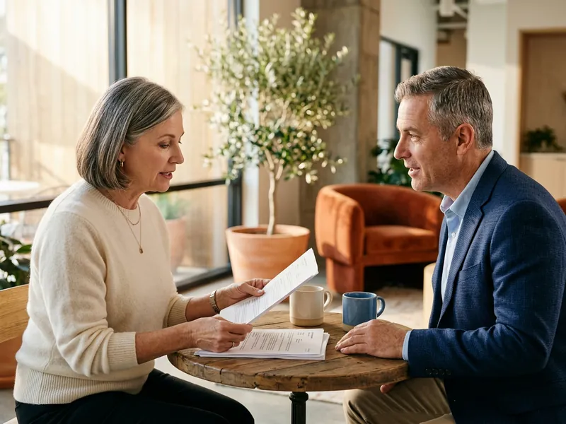 KORE1 recruiter reviewing printed NetSuite architect candidate profiles with a hiring manager in a bright California office