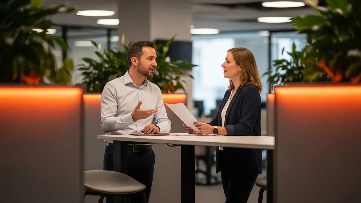 Systems and operations professionals discussing an ERP workflow, representing a NetSuite systems hire