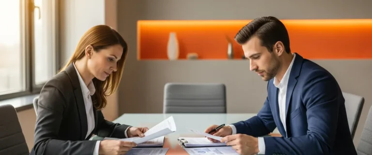 Two business professionals comparing documents across a conference table while weighing NetSuite versus Dynamics 365 hiring options