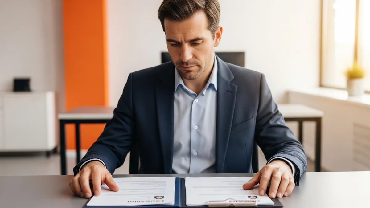 Hiring manager comparing two printed candidate profiles for a NetSuite and Sage Intacct ERP role