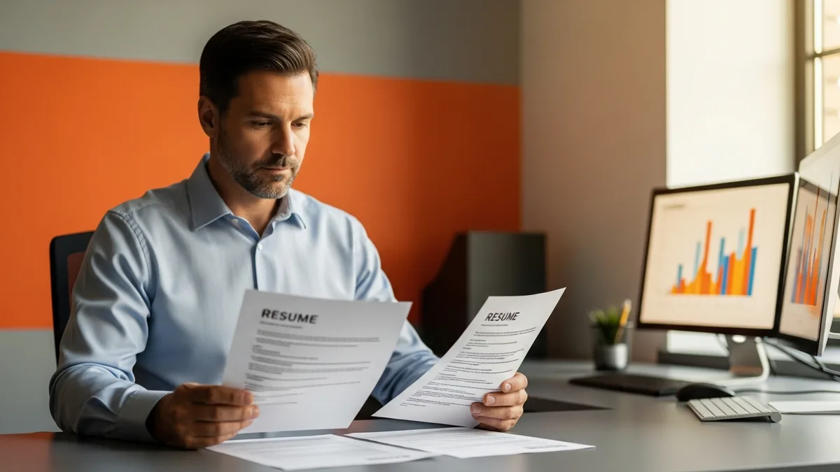 Hiring manager comparing NetSuite and SAP consultant candidate profiles at a modern office desk