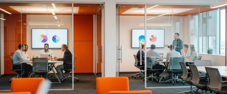 Two ERP talent teams working in a modern corporate office, representing the NetSuite versus SAP hiring decision