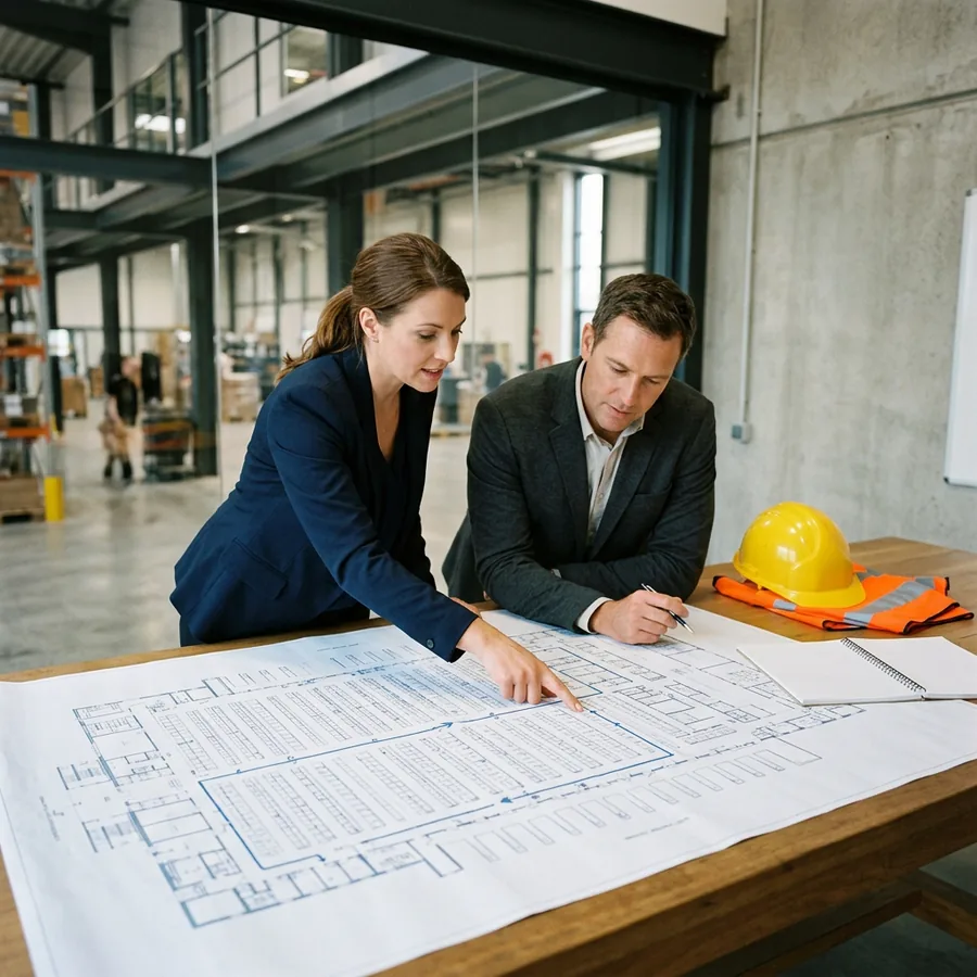 A KORE1 recruiter and an operations director scoping a WMS integration role over printed warehouse floor plans