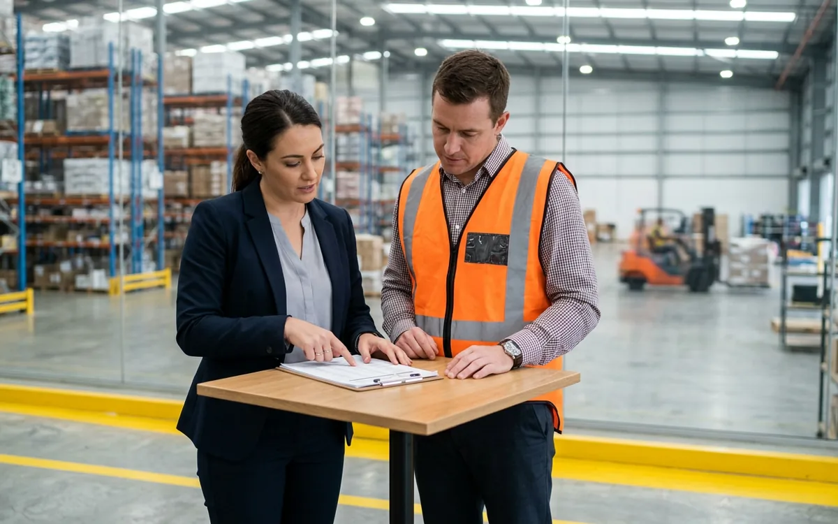 A KORE1 recruiter and a WMS integration consultant candidate reviewing a warehouse integration role at a table beside a distribution center floor