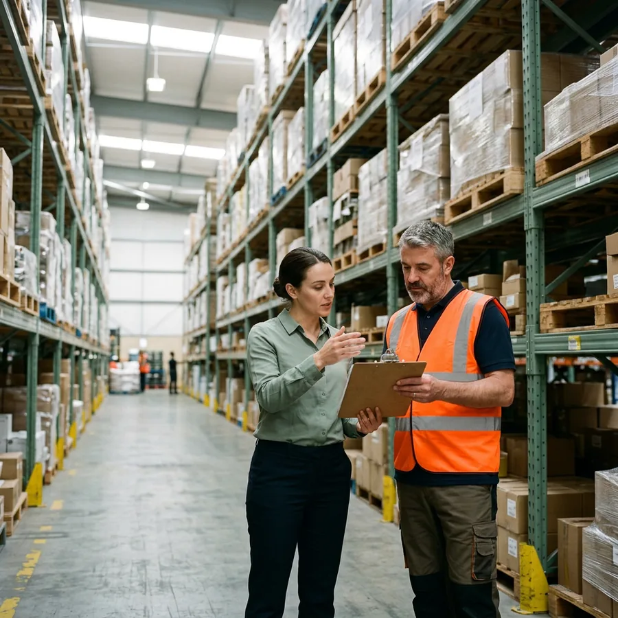 A WMS integration consultant and a warehouse supervisor comparing a printed cycle count sheet at the end of a pallet racking aisle