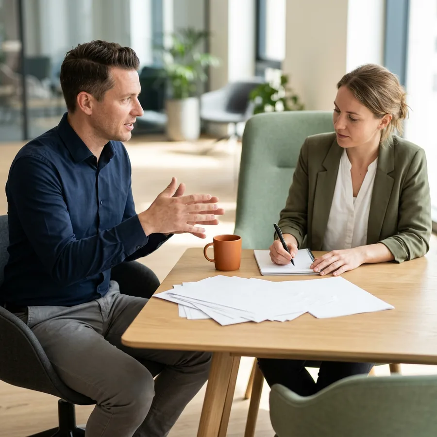 Two people reviewing printed warehouse integration notes across a table during a technical screen for a WMS consultant role