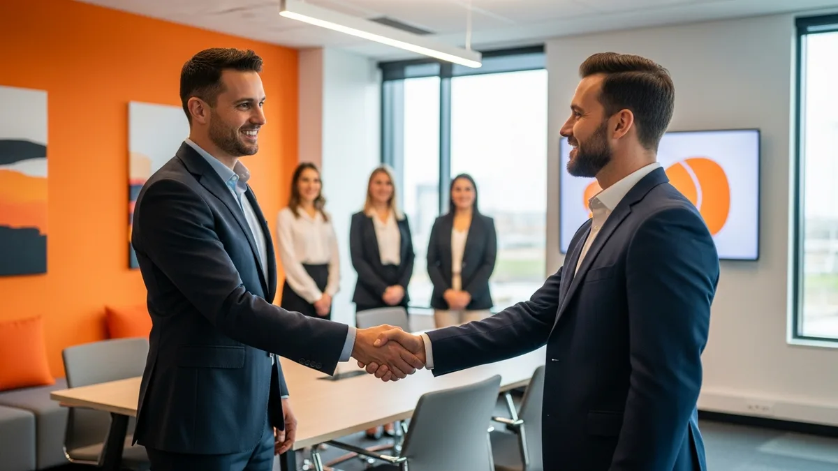 Newly hired COO shaking hands with the CEO during onboarding as the leadership team looks on