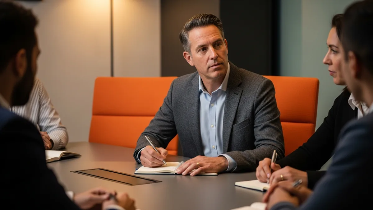 New VP of engineering listening and taking notes in a first team meeting during the first 90 days