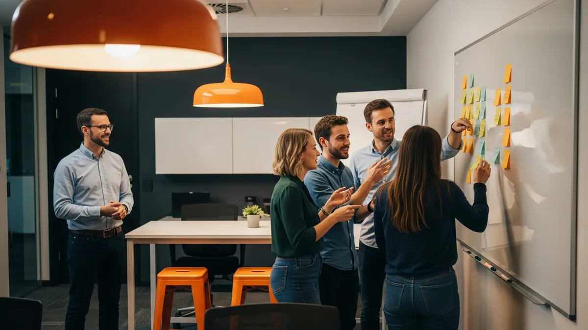 Self-directed software engineering team deciding at a whiteboard while their new manager steps back, a sign of finding footing as a leader