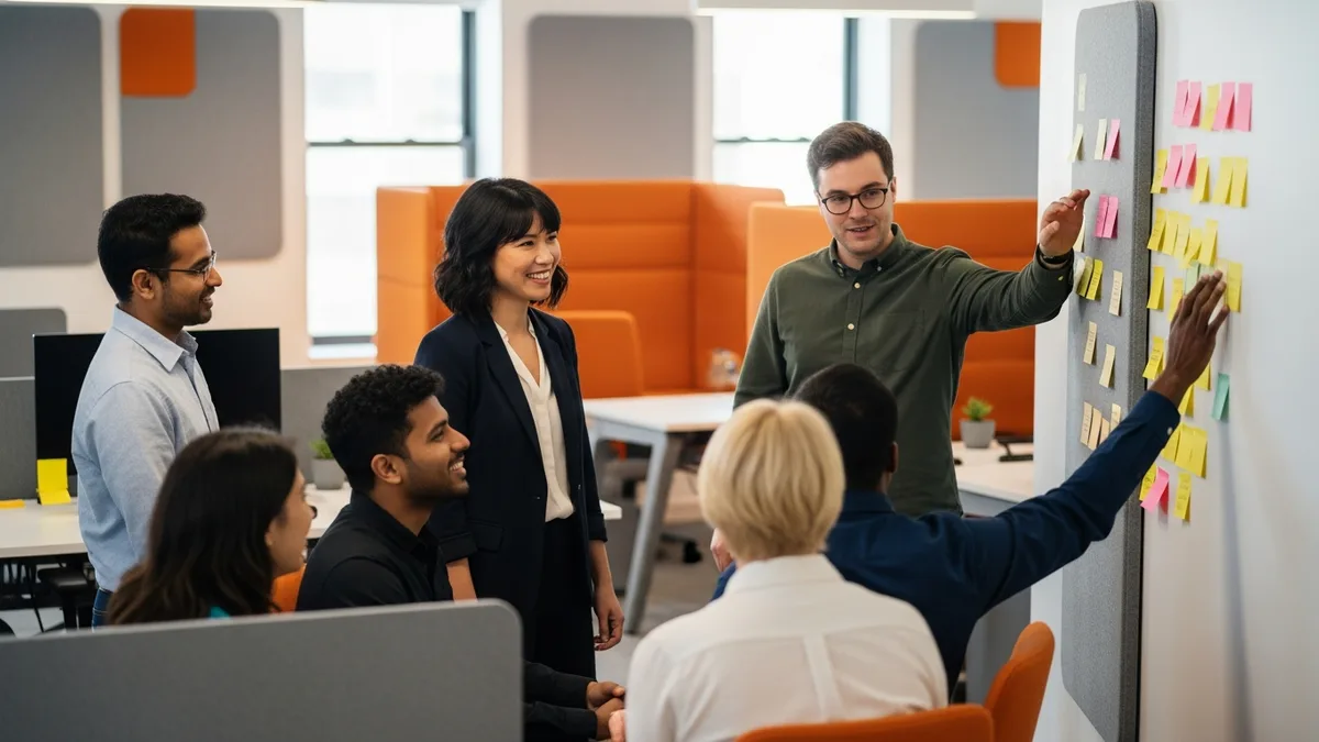 Newly hired head of engineering planning with the team at a wall of sticky notes during onboarding