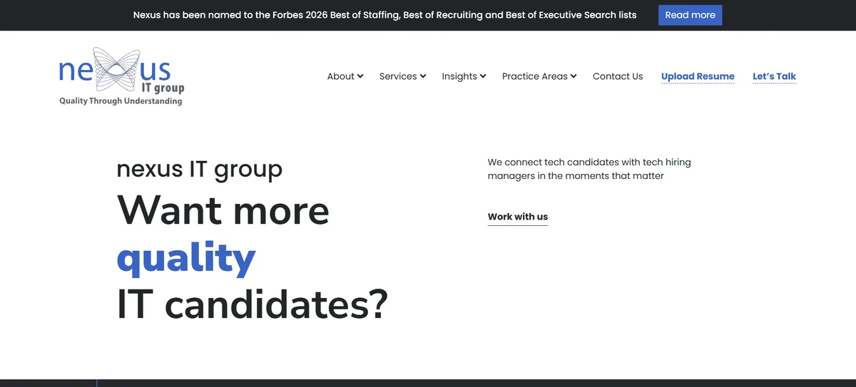 Nexus IT Group homepage noting its 2026 Forbes recognition, ranked fourth among data engineering staffing firms for boutique precision search.