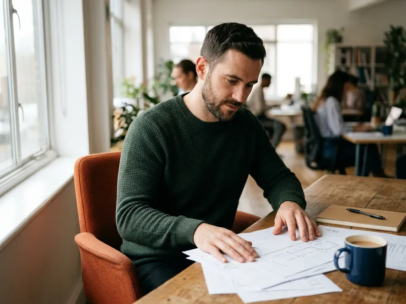 Senior Node.js developer working through architecture notes at a bright desk with a green accent chair, KORE1 Node.js developer staffing