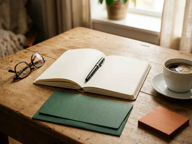 Close-up of a notebook, pen and coffee cup on a bright desk beside a green folder, Node.js versus Go backend staffing decision