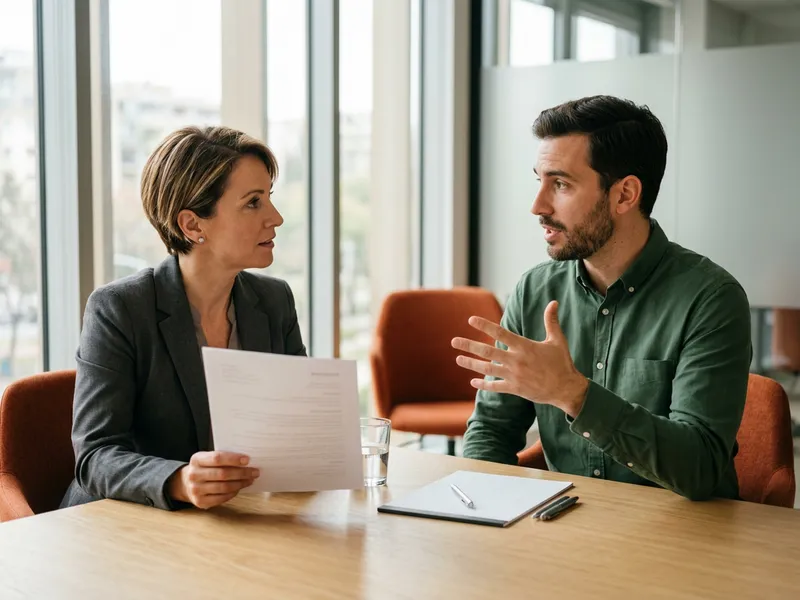 KORE1 technical recruiter and a Node.js candidate talking through a printed resume across a meeting table, Node.js staffing screen