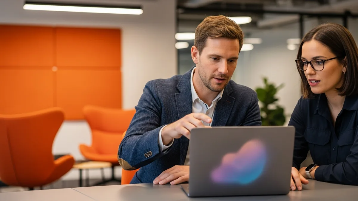 Non-technical founder and a software engineer reviewing work together on a laptop in a startup office