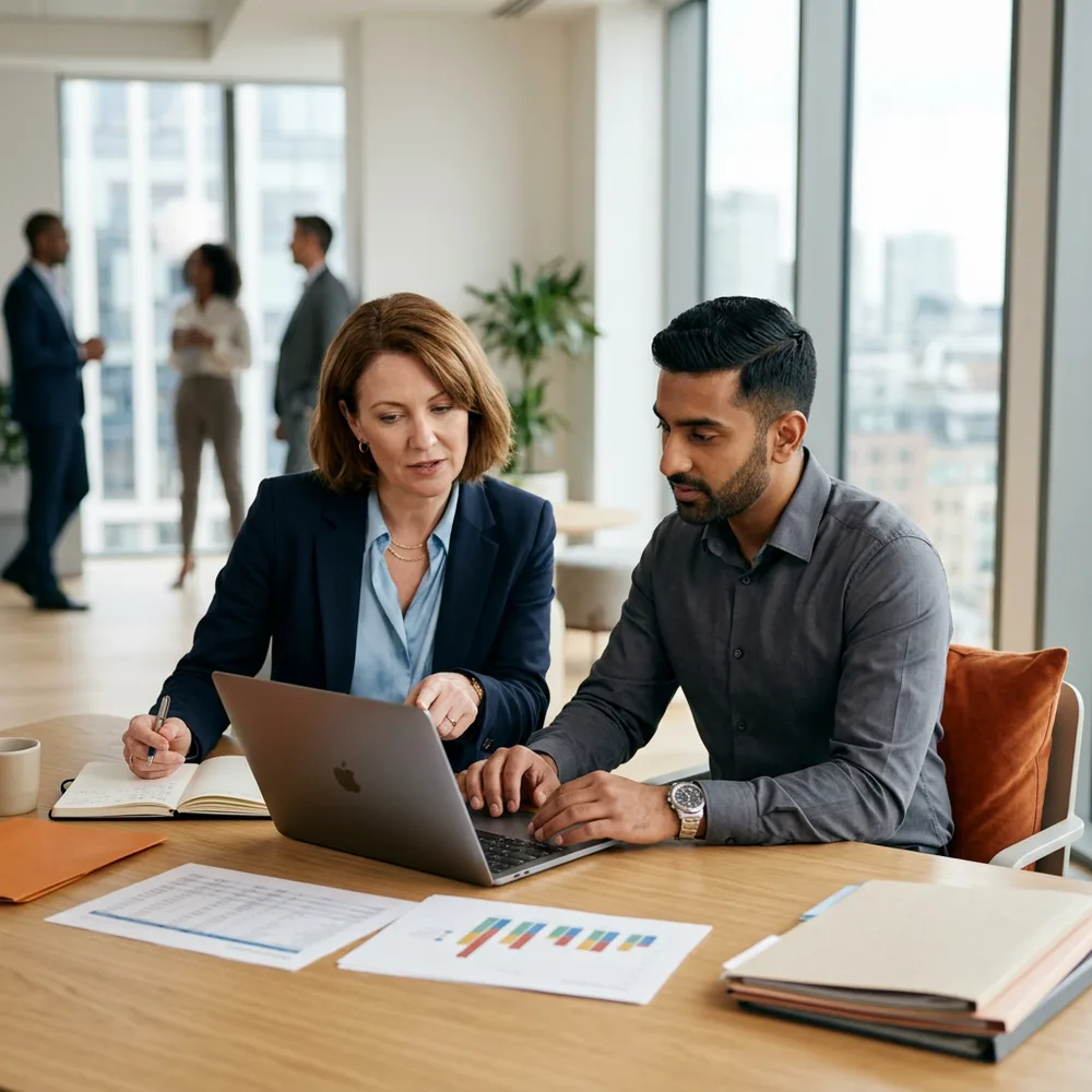 A finance leader and a NetSuite consultant reviewing an implementation budget on a laptop beside printed cost breakdowns in a bright office