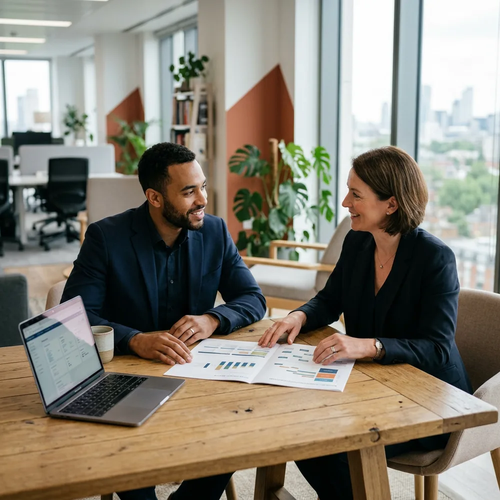 A KORE1 recruiter and a NetSuite implementation consultant candidate reviewing a rollout plan together at a table in a modern office