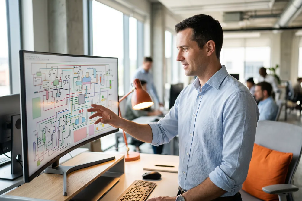 Oil and gas facilities engineer reviewing a piping and instrumentation layout on a curved monitor in a sunlit engineering office with a warm orange accent lamp