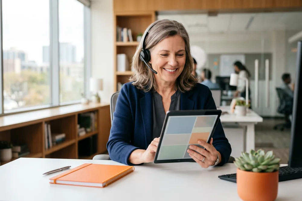 Experienced KORE1 senior technical recruiter wearing a headset reviewing an oil and gas candidate's project history and asset experience on a tablet