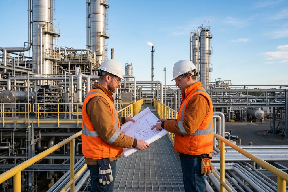 Two oil and gas engineers in hard hats and orange safety vests reviewing piping isometric drawings at a natural gas processing plant with steel towers and a flare stack behind them