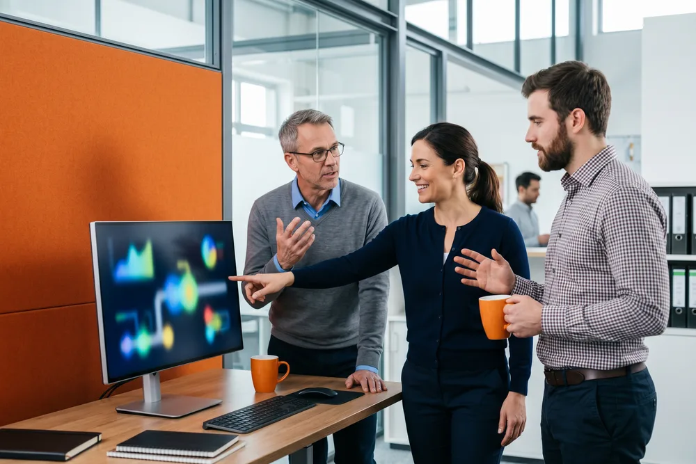 Team of three oil and gas engineers collaborating around a shared monitor reviewing rotating equipment performance data and pipeline schematics in a modern engineering office