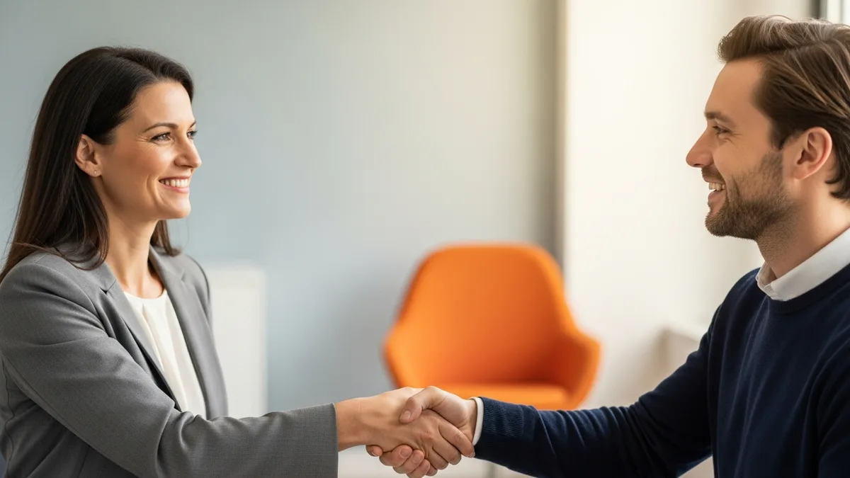 Recruiter welcoming an onshore specialist onto a client team, representing staff augmentation for a scarce, compliance-bound role