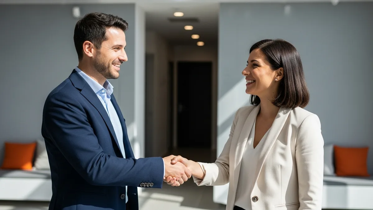 Recruiter welcoming a new onshore technology hire with a handshake in a modern US office