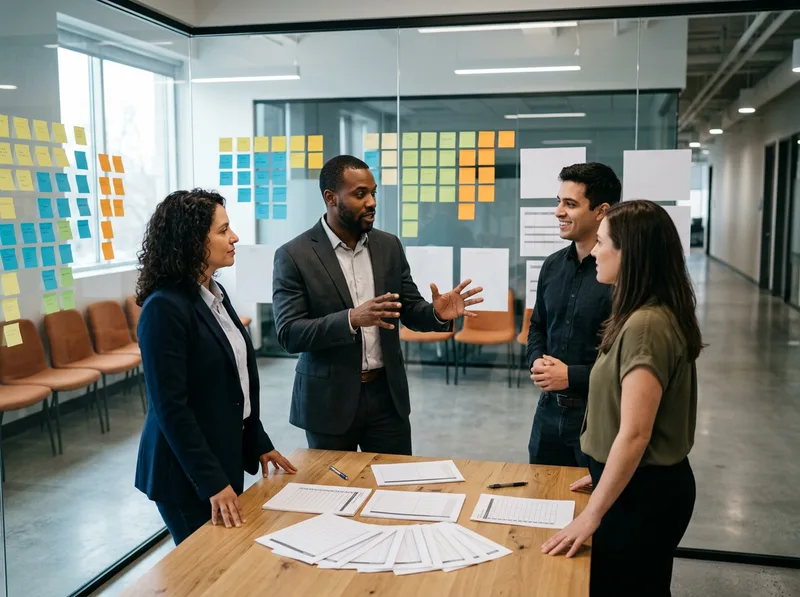 Cross-functional ERP project team reviewing a printed cutover checklist and sticky-note plan in a glass-walled war room