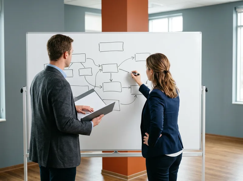 Two Oracle Fusion consultants mapping a business process flow on a whiteboard during an ERP requirements session