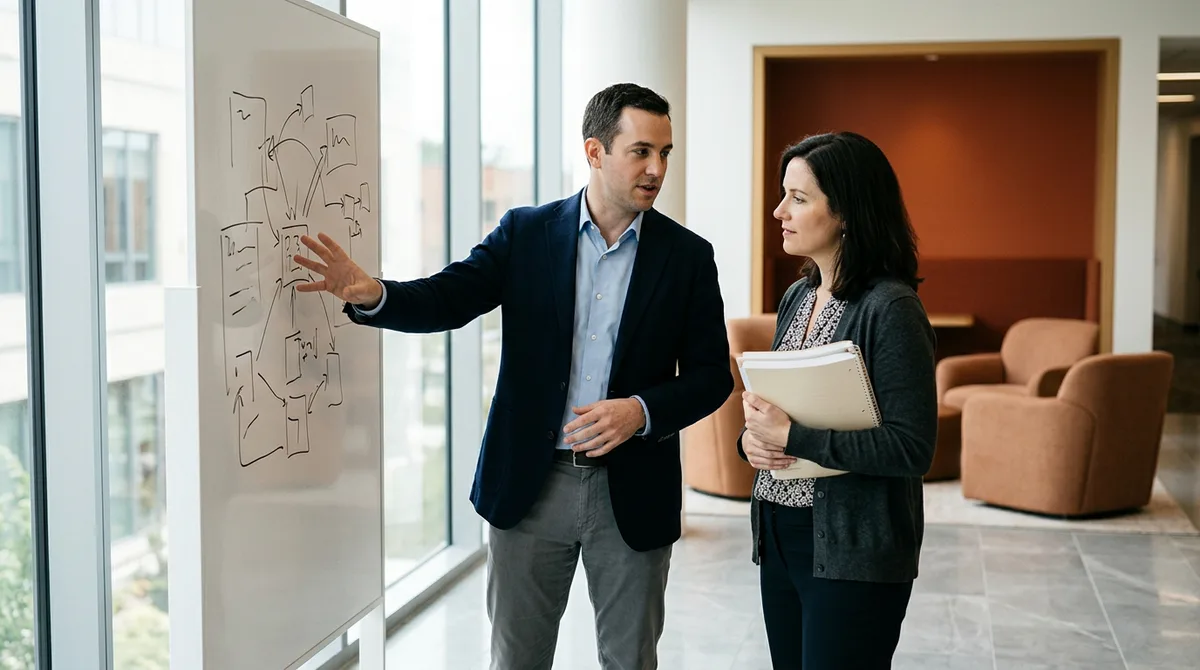 Oracle Cloud ERP consultants reviewing a Fusion implementation plan at a whiteboard in a modern office, KORE1 Oracle Fusion consultant staffing
