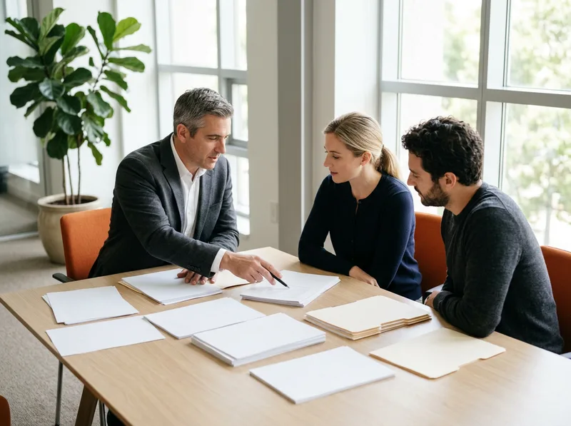 Oracle Fusion consultants reviewing printed configuration and data migration documents during a candidate screening discussion