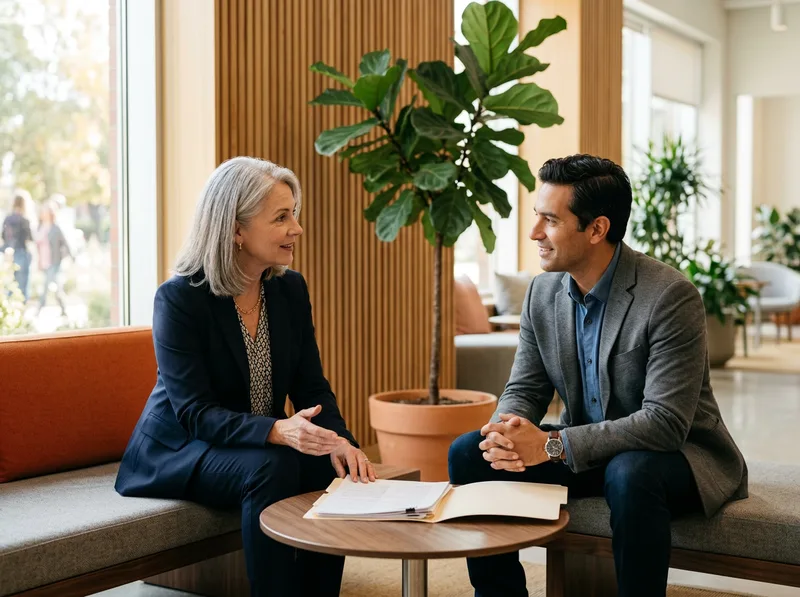 KORE1 senior recruiter reviewing an Oracle Fusion consultant candidate profile with a hiring manager in a modern office lobby