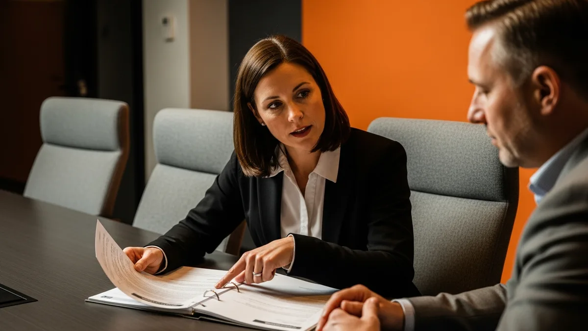 Security consultant pointing at a penetration test report while reviewing it with a client