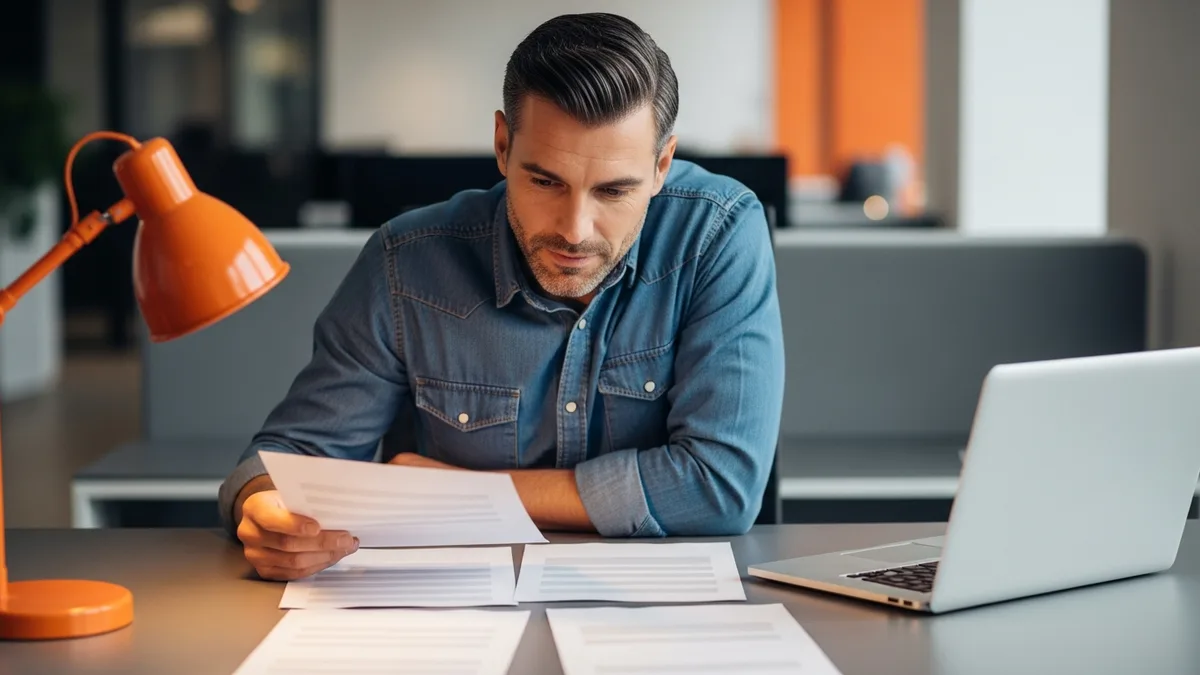 Technology hiring manager reviewing penetration tester compensation documents at a desk with an orange lamp