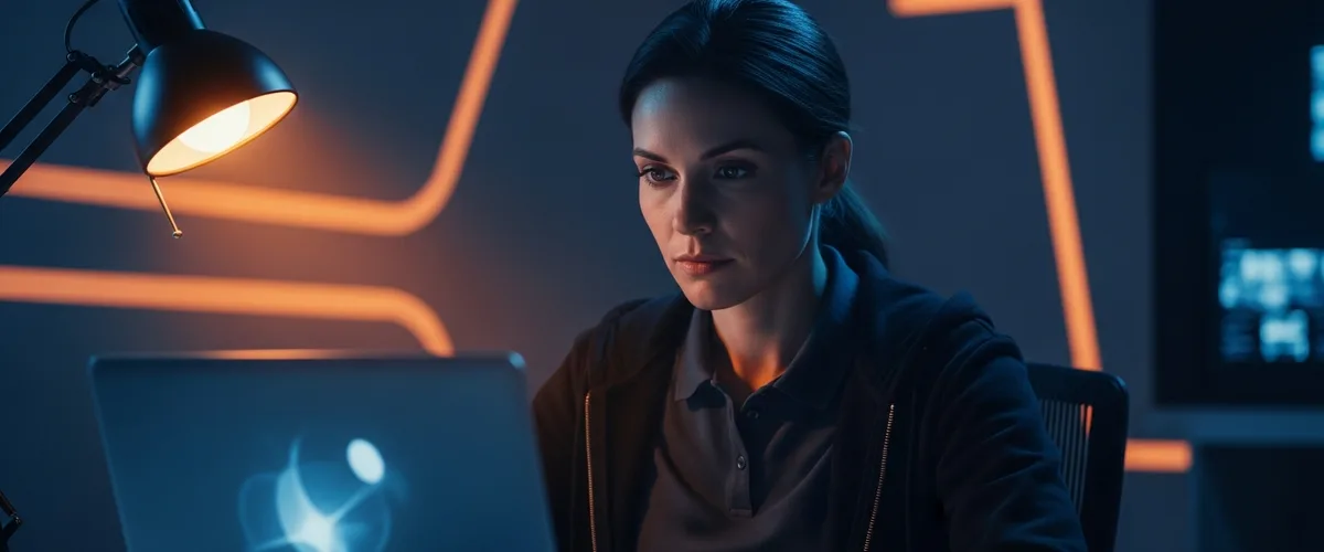Focused penetration tester working at a laptop in a dim security operations room