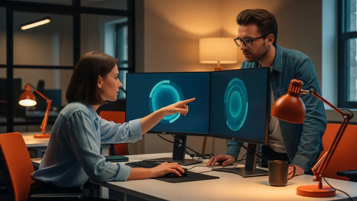 Two penetration testers reviewing security assessment findings on a dual-monitor workstation in a modern office