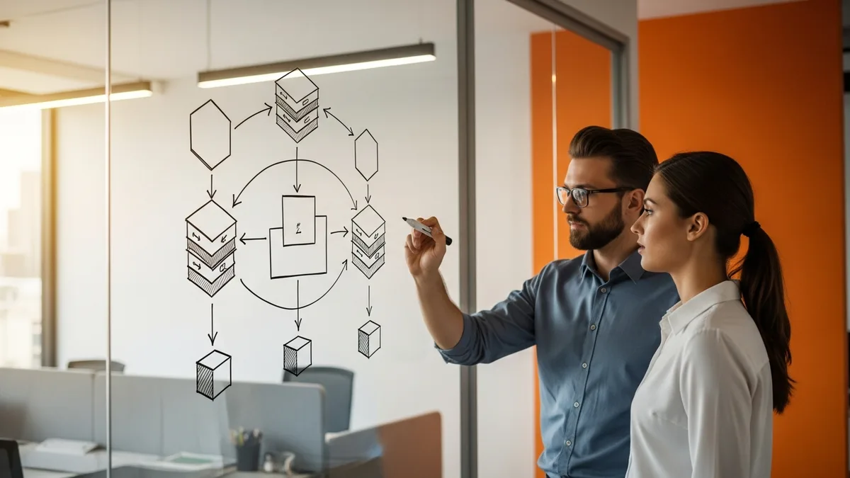 Two engineers sketching a self-service golden path architecture on a glass whiteboard