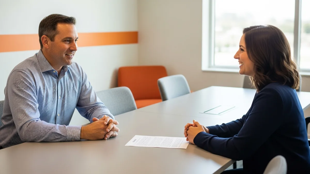 Hiring manager interviewing a platform engineer candidate in a bright modern conference room