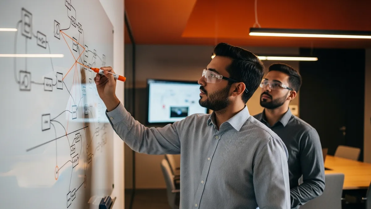 Software architect marking where to cut a coupled integration diagram with an orange marker, planning a one-seam-at-a-time strangler-fig migration