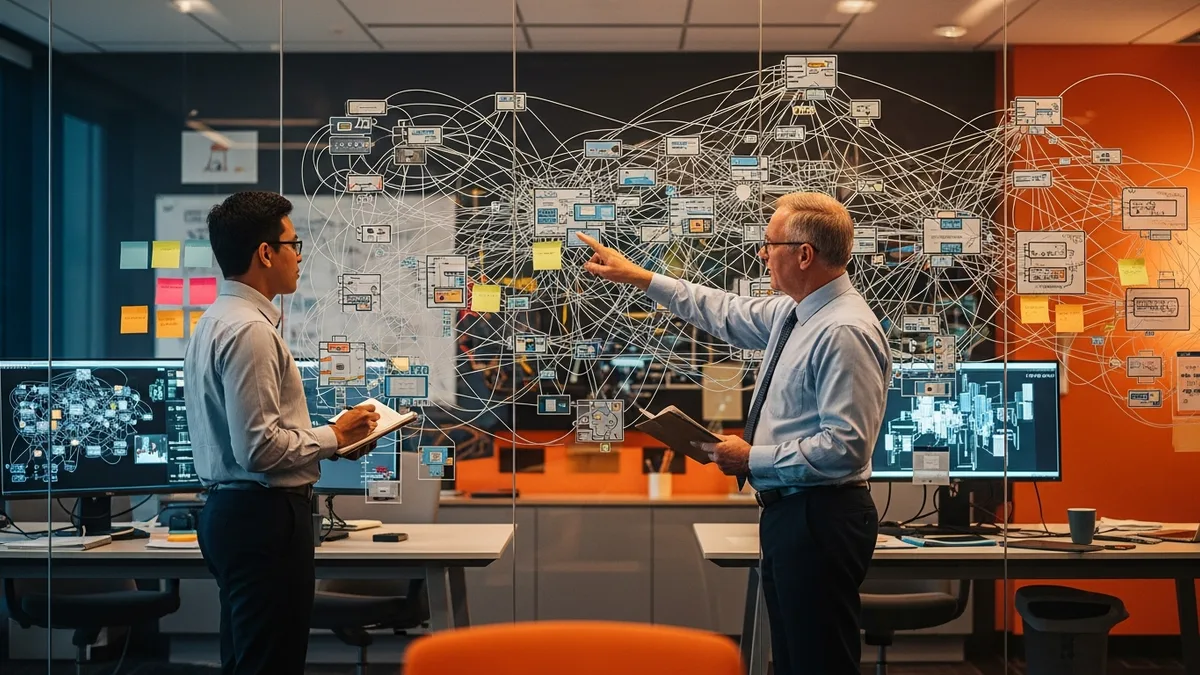 Two engineers mapping a dense tangle of point-to-point integrations on a glass board, one pointing at the load-bearing connections before a decoupling refactor