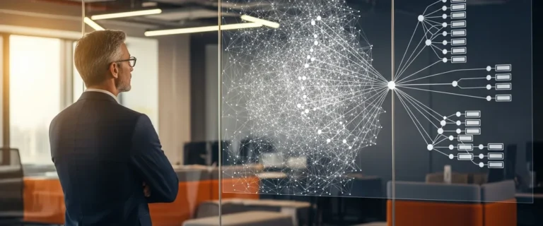 Engineering leader studying a glass wall where a tangle of point-to-point integrations resolves into a clean decoupled hub-and-spoke architecture